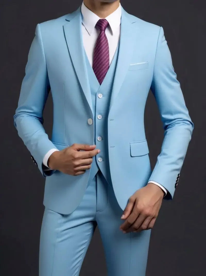 Suit (Blazer+ Vest + Trousers) Men's Fashionable Gentleman Business British Style Solid-color Banquet Host Casual Wedding Suit