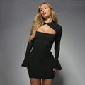 CUTENOVA Fall New Arrival Women Solid Color Bodycon Button Up Bell Sleeve Mini Lace-Up Strapless Sexy Bodycon Sexy Hottie Dress