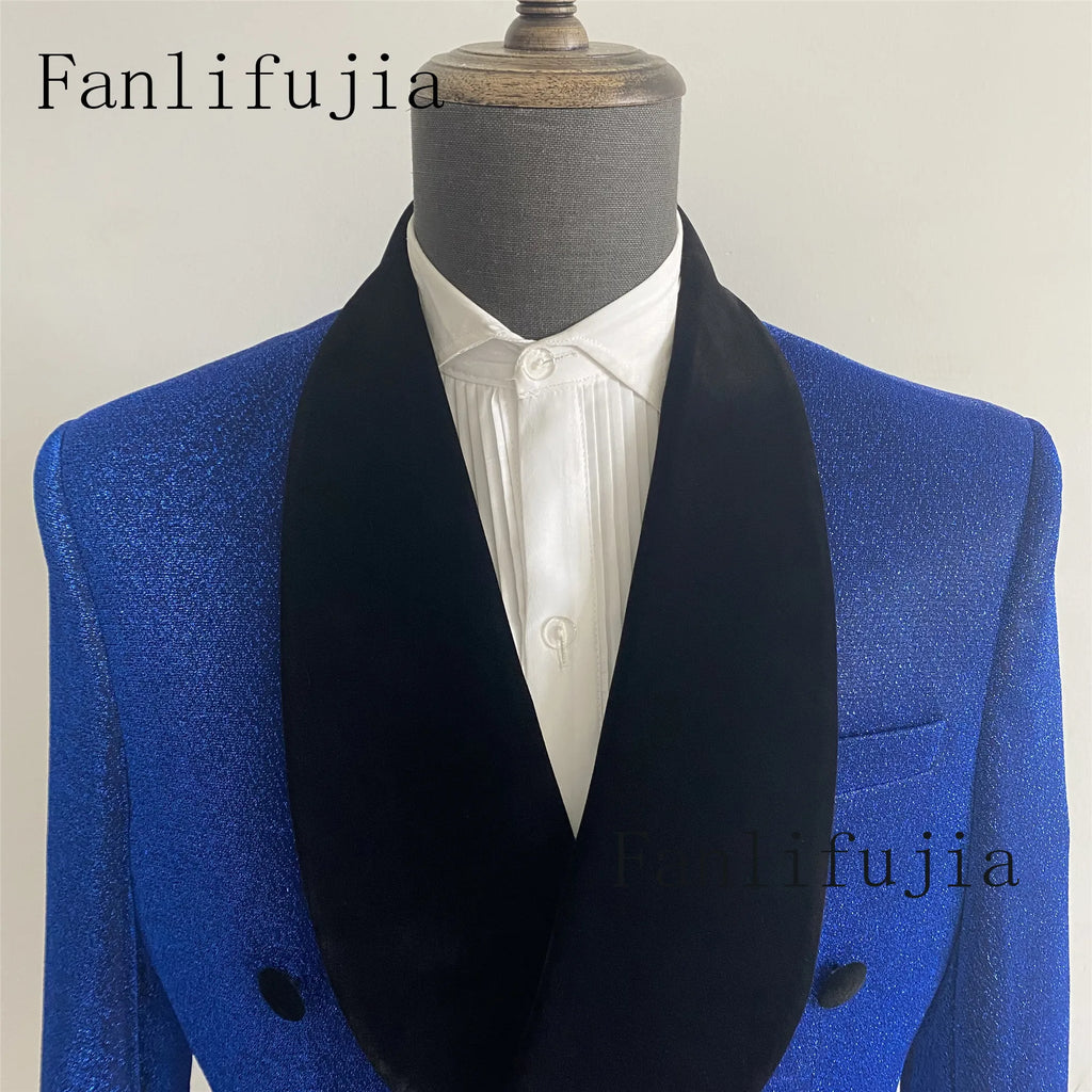 Fanlifujia Luxury Red Glitter Suits Men Groom Wedding Tuxedo Double Breasted Blazer Formal Evening Party