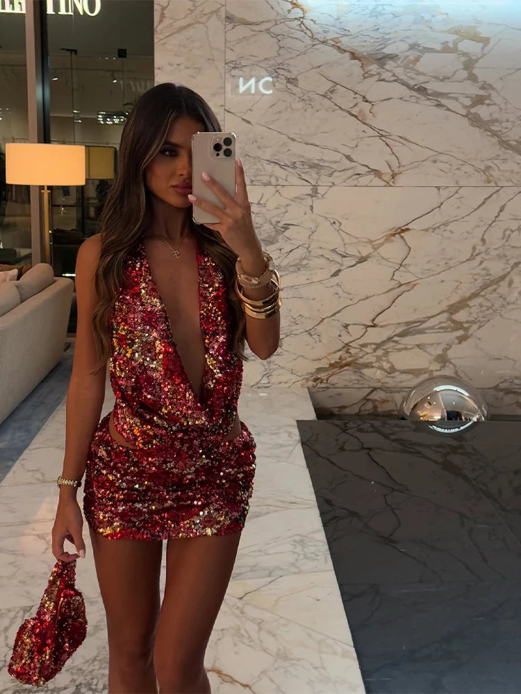 Colorful Sequin Halter Plunge-Neck Set Sleeveless Backless Vest Bodycon Mini Skirt 2025 Summer Party Chic Suit Sexy Lady Outfit