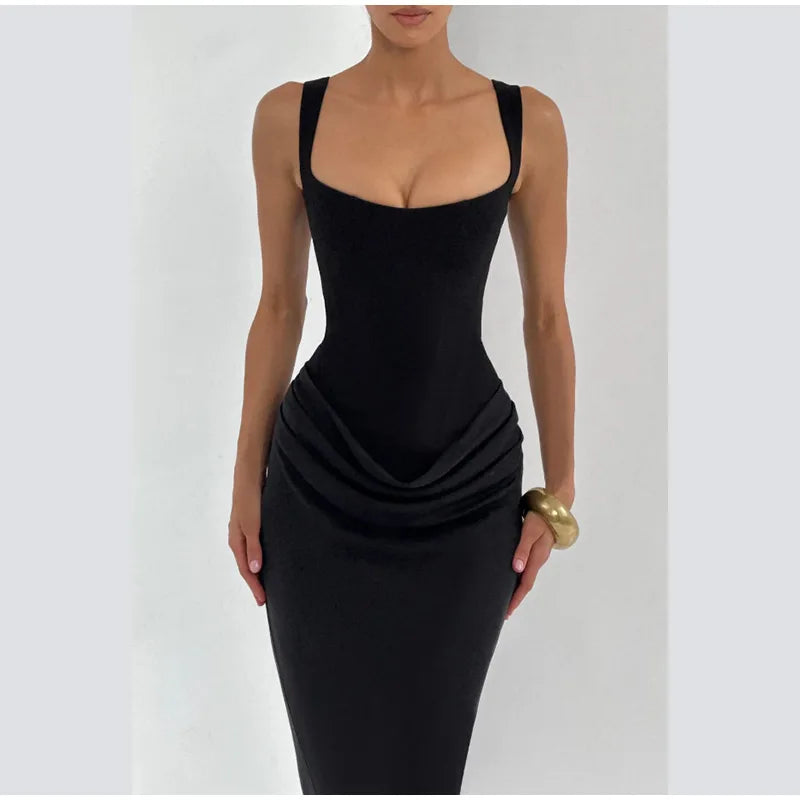 Women Brown Pleated Sling Maxi Dress Square Neck Sleeveless Off-shoulder Waist Cinching Slim Dresses Fashion Evening Party Gowns