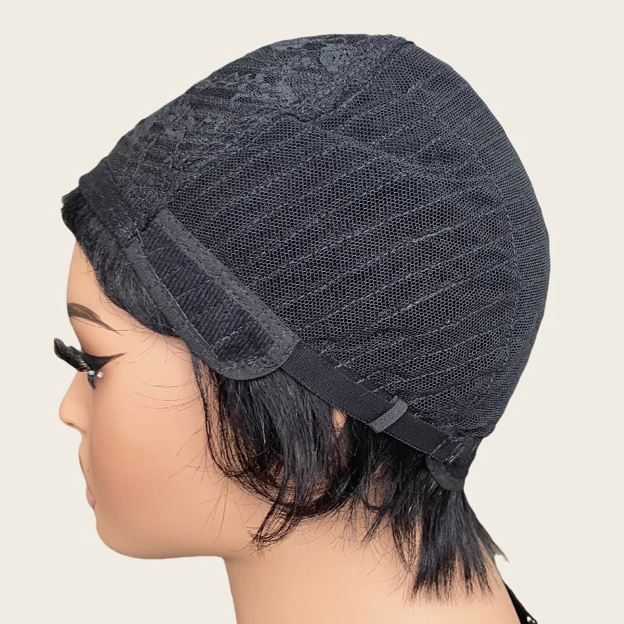 Short Pixie Cut Straight Human Hair Wig With Bangs Peruvian Hair Full Machine-Made Layered Pixie Cut For For Daily Wear