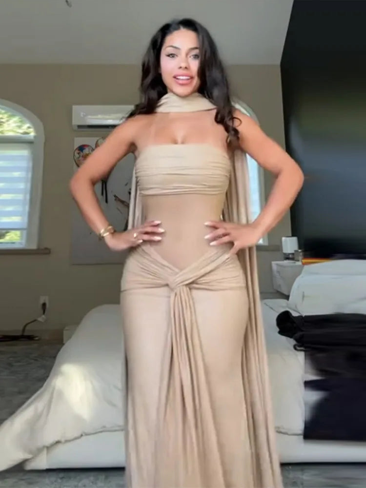 Women's Elegant Bustier Dress Sexy Strapless Corset Transparent Draped Satin Lace Up Bodycon Dresses Evening Party Shining Robe