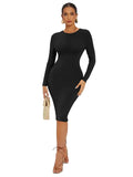 New Tight Highly Elastic Women's Dress Fashion Solid Color Sexy Long Sleeved Women Dress Wrapped Bobycon Midi Dress