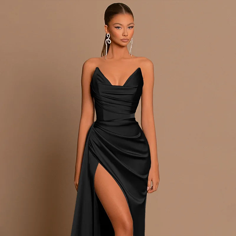 Autumn new European and American fashion temperament sexy slim deep V-waist satin slit dress female