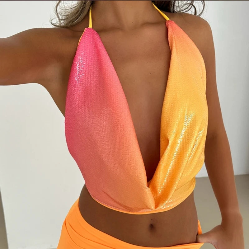 Colorful Sequin Halter Plunge-Neck Set Sleeveless Backless Vest Bodycon Mini Skirt 2025 Summer Party Chic Suit Sexy Lady Outfit