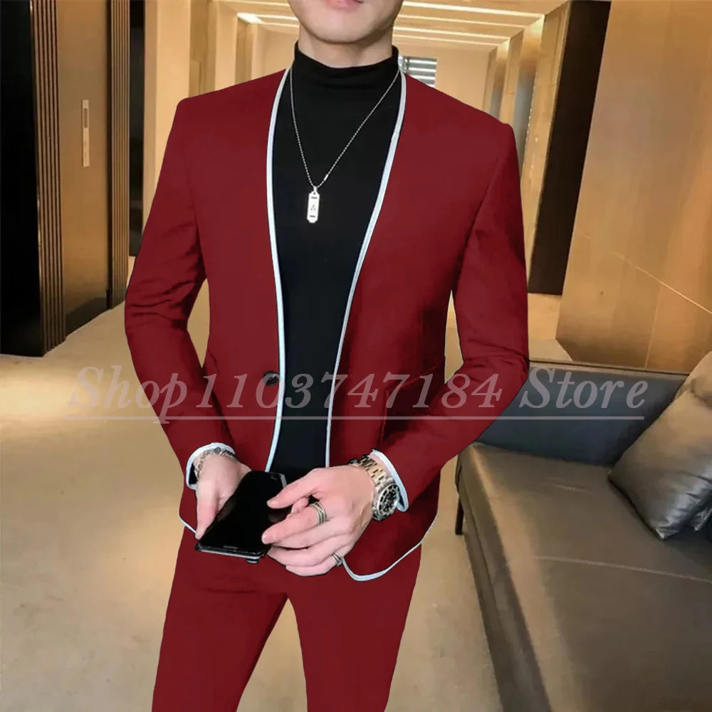 Elegant Black Gentlemen Men's Suits Slim Fit Casual Prom Party 2 Piece Jacket Pants Full Set Luxury Male Clothing Terno Blazer