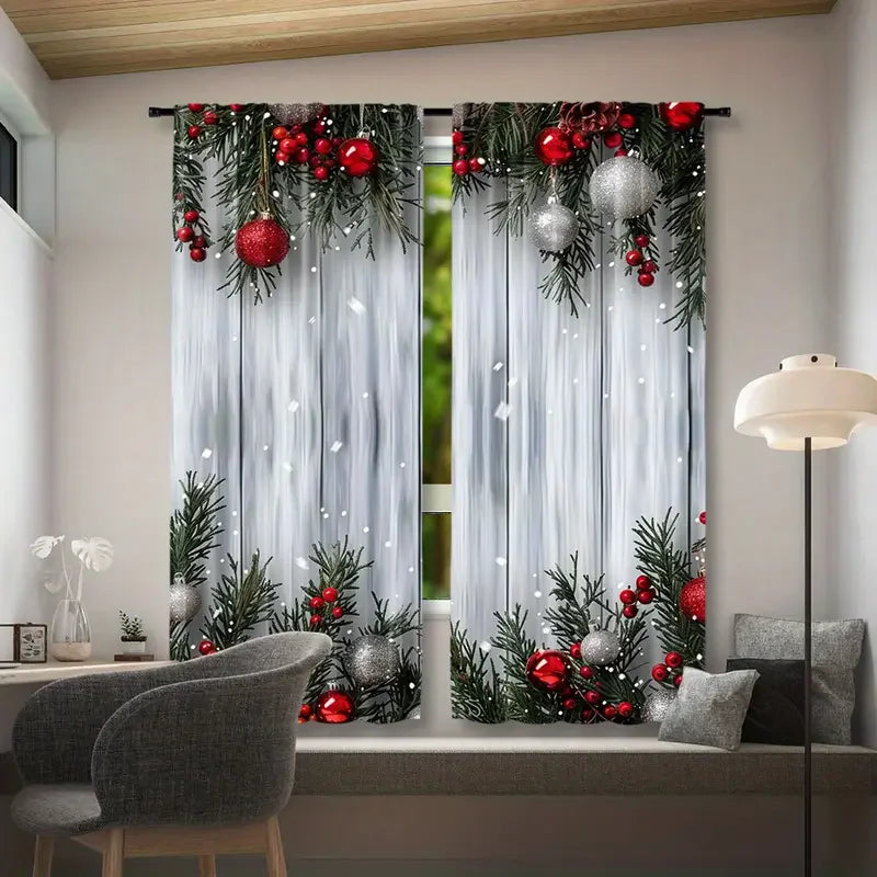 Holiday Christmas balls and pine branch - printed curtains, suitable for home decoration in bedrooms and living rooms