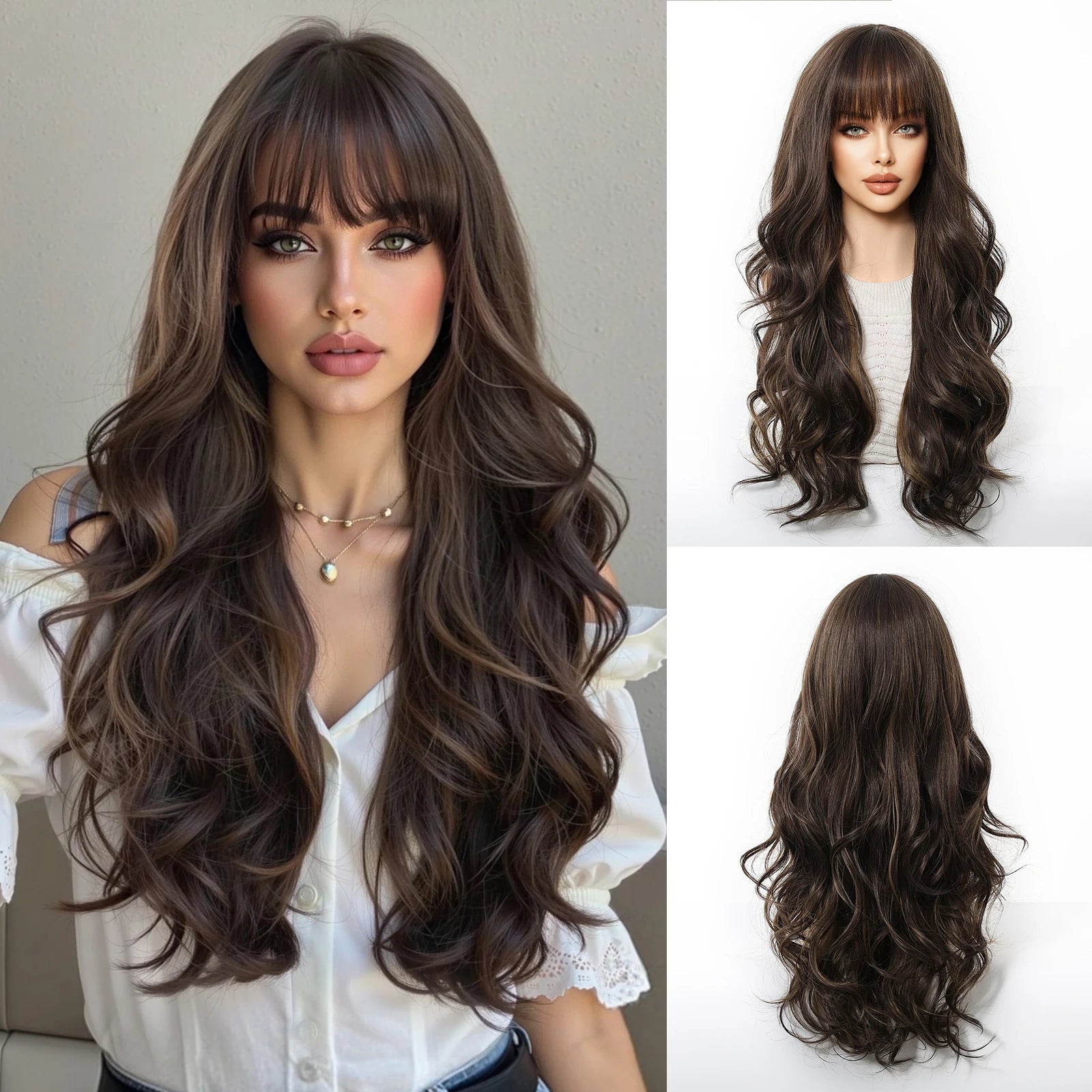 Rose Blonde Ombre Brown Long Natural Wave Synthetic Wigs with Bangs for Women Heat Resistant Daily Cosplay Party Hairs Wig Use