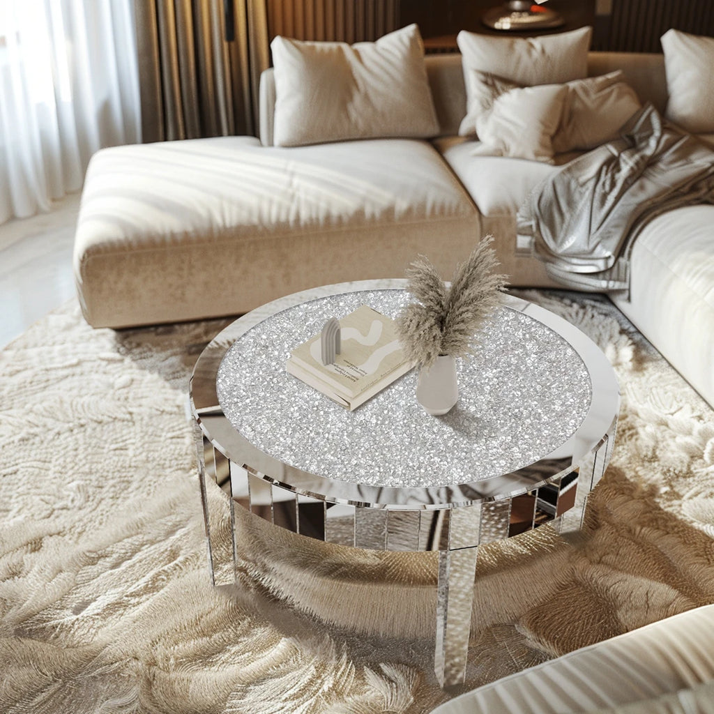 Luxury Round Silver Mirror Coffee Table Crystal Diamonds Inlay Accent Table Living Room Bedroom Modern Home Decor Furniture