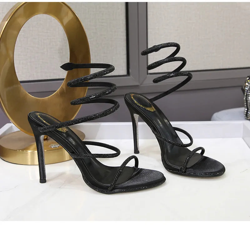Fashion Summer Snake Twine Around Crystal Women Sandals Luxury Rhinestones Thin High heels Gladiator Sandals  Party Prom Shoes, match a dress anytime