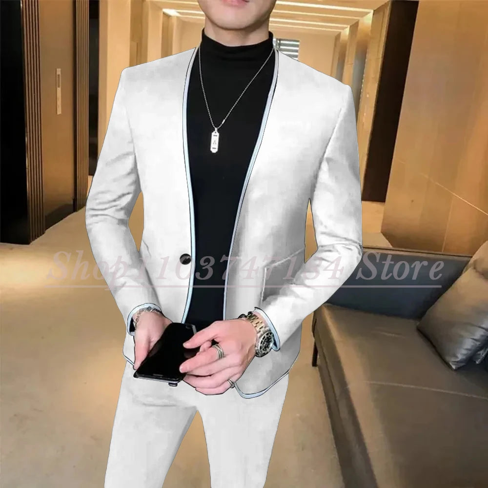 Elegant Black Gentlemen Men's Suits Slim Fit Casual Prom Party 2 Piece Jacket Pants Full Set Luxury Male Clothing Terno Blazer