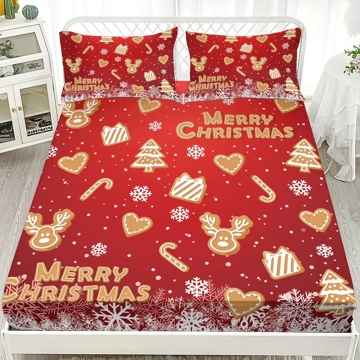 3pcs Christmas gingerbread print coreless bedsheet set multiple size soft bedcovers bedroom bedding decorations machine washable