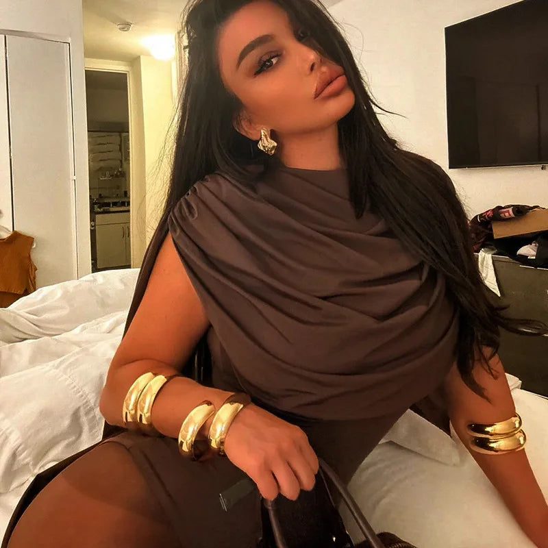 BOOFEENAA Cowl Neck Sleeveless Bodysuit Tops Spring 2025 Women Sexy Clothing Brown One Pieces Club Outfit C85-CZ24, dress