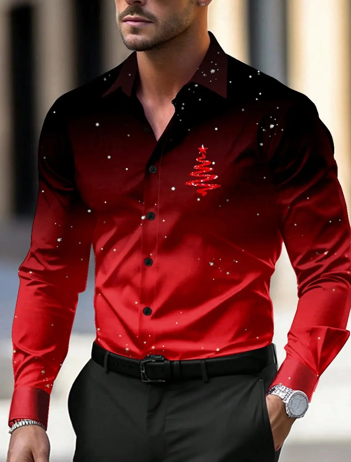 Christmas Theme Men's Christmas Trees Printed Shirts Snowflake Gradient Graphics Button Up Long Sleeve Shirts Fashion Tops Thin