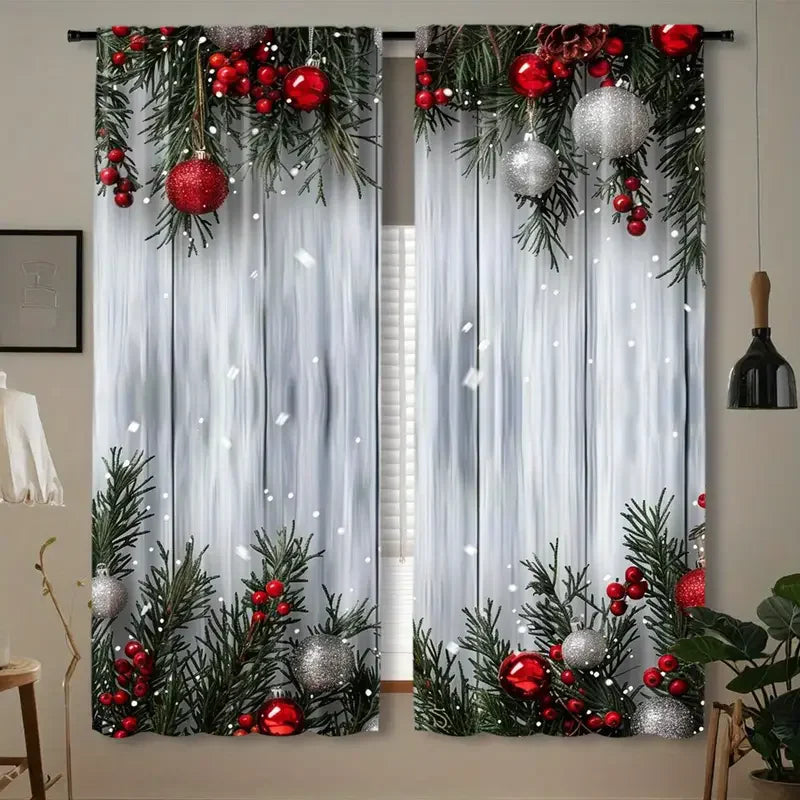 Holiday Christmas balls and pine branch - printed curtains, suitable for home decoration in bedrooms and living rooms