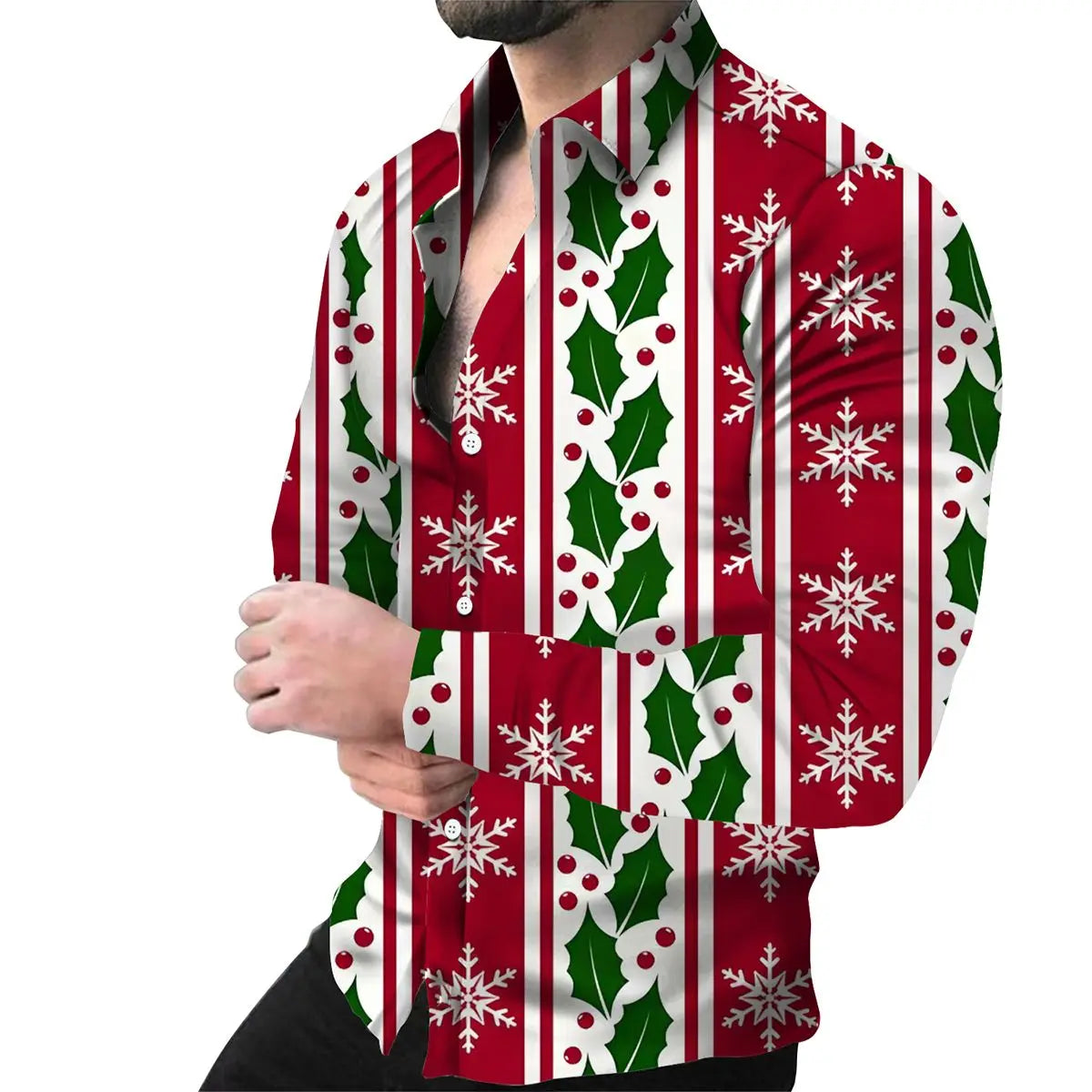 Autumn and Winter Christmas Pattern Printed Men's Long Sleeve Shirt Men's Casual Collar Cardigan Shirt Top Non Stretch Thin