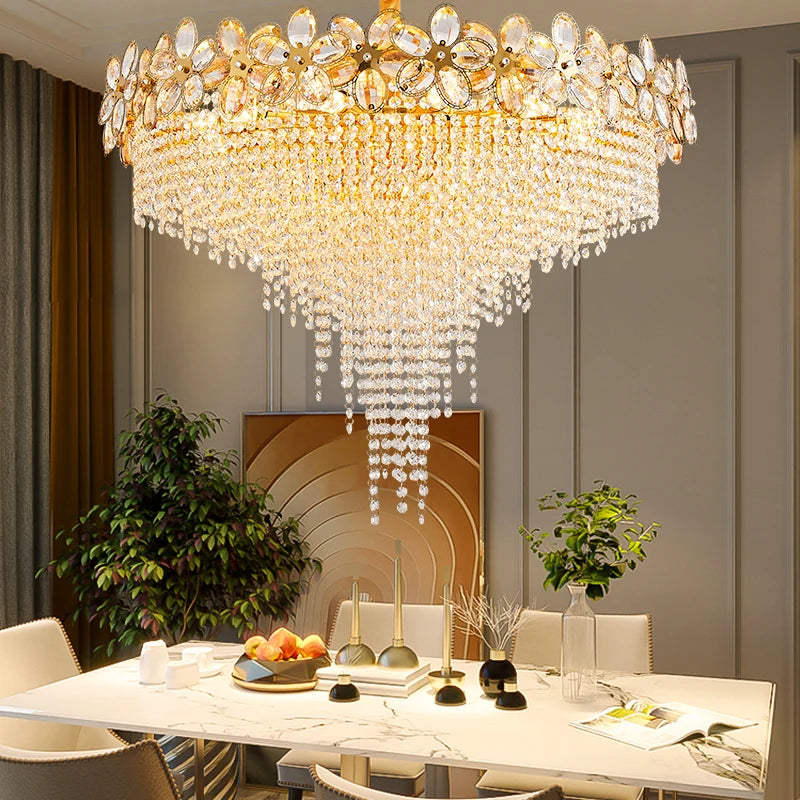 Modern Flower Crystal Tassel Chandelier Living Room Dining Room Gold Crystal Ceiling Pendant Lights Vila Lobby Lighting Fixtures