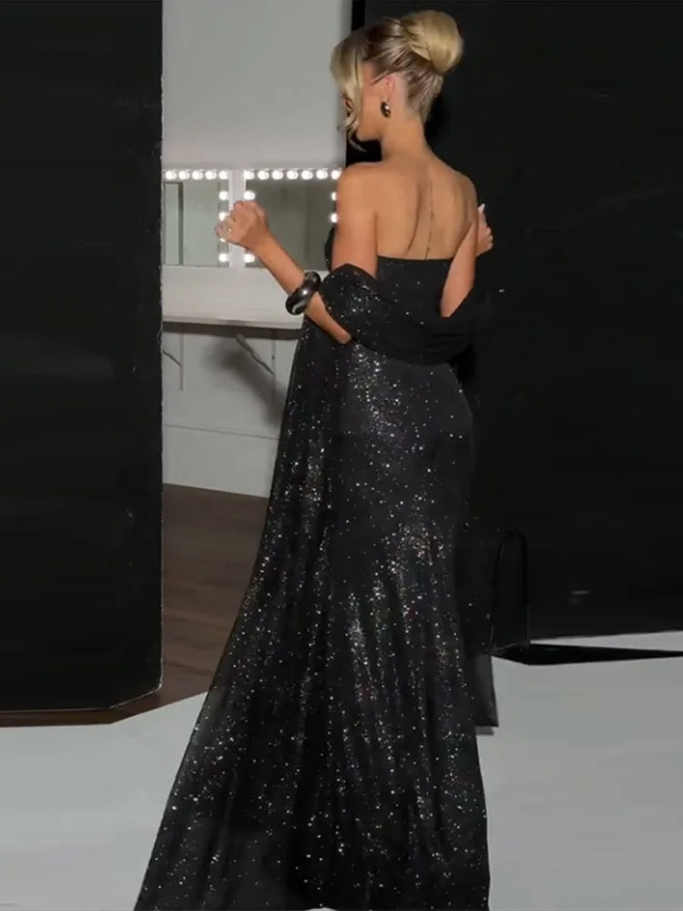 Women's Elegant Bustier Dress Sexy Strapless Corset Transparent Draped Satin Lace Up Bodycon Dresses Evening Party Shining Robe