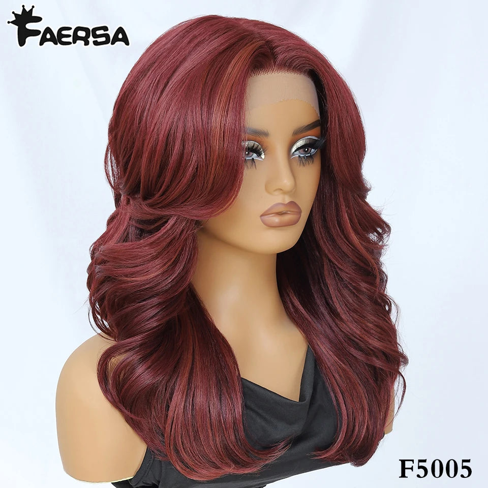 Layered Wigs 13x5x1T-Part Lace Wig With Bangs For Women 18 Inch Red Synthetic Lace Front Wig For Daily Use Ombre Brown Afro Wigs