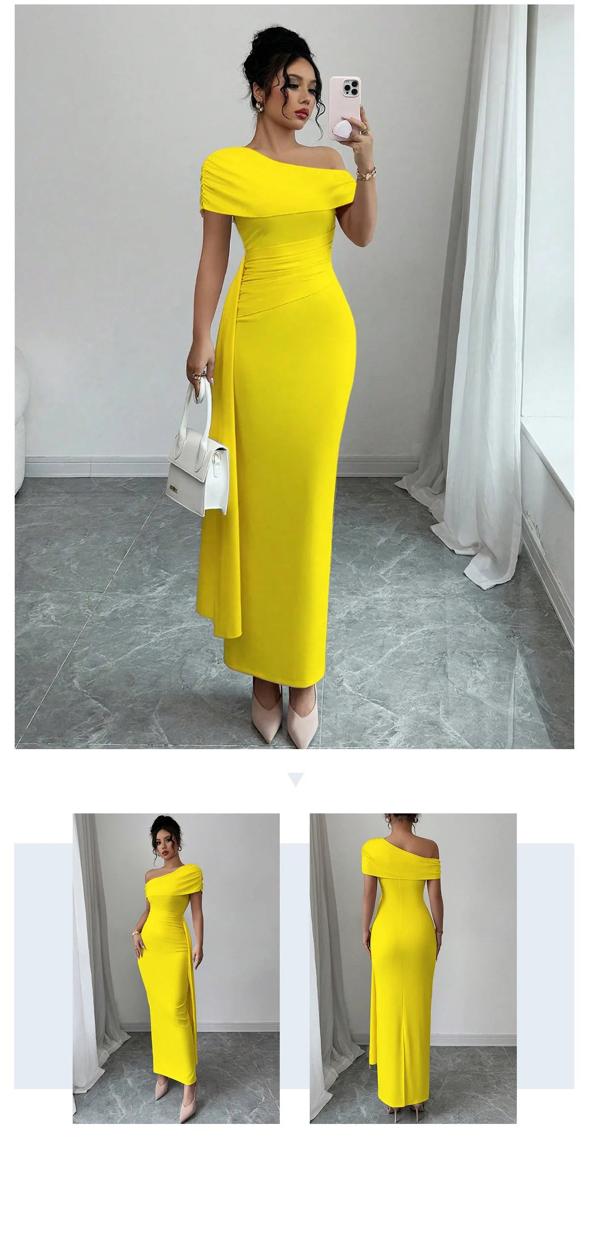 Sheath Dress Women Party Long Dresses Asymmetrical Diagonal Collar Slim Folds Maxi Gown Summer 2025 Female Sexy Vestidos