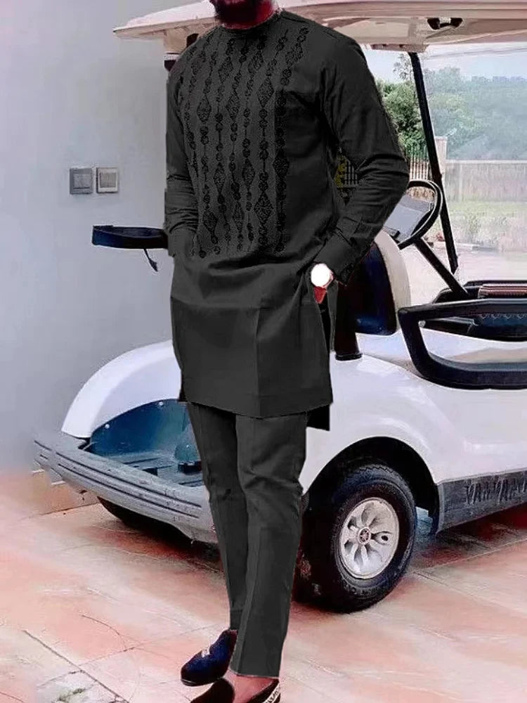 Two Pieces Set Men African Suit Long Sleeve Round Collar Print Shirt Pants Africa Traditional Wedding Party Outfits Slim Suits