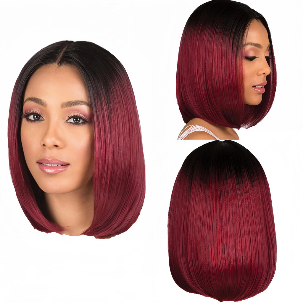 Fashion European and American dyed bobo wig female short straight hair black gradient wine red synthetic fiber hair
