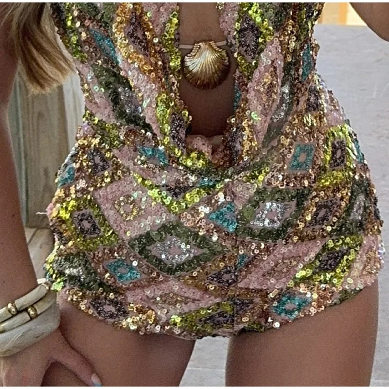 Colorful Sequin Halter Plunge-Neck Set Sleeveless Backless Vest Bodycon Mini Skirt 2025 Summer Party Chic Suit Sexy Lady Outfit