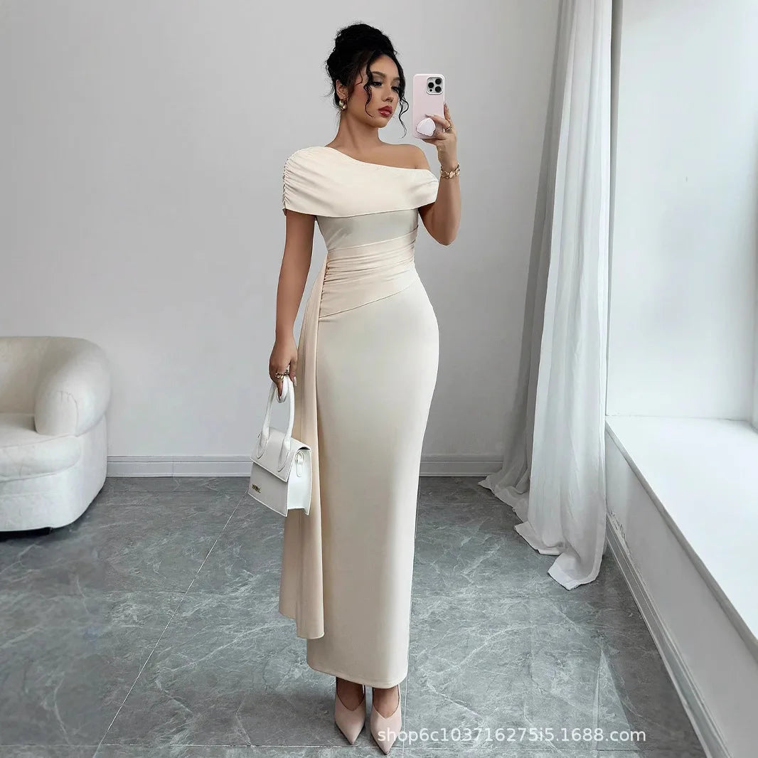 Sheath Dress Women Party Long Dresses Asymmetrical Diagonal Collar Slim Folds Maxi Gown Summer 2025 Female Sexy Vestidos