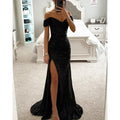 Womens Dresses New Party Sequin One Line Neckline Slit Dress Casual Fashion Dress for Women