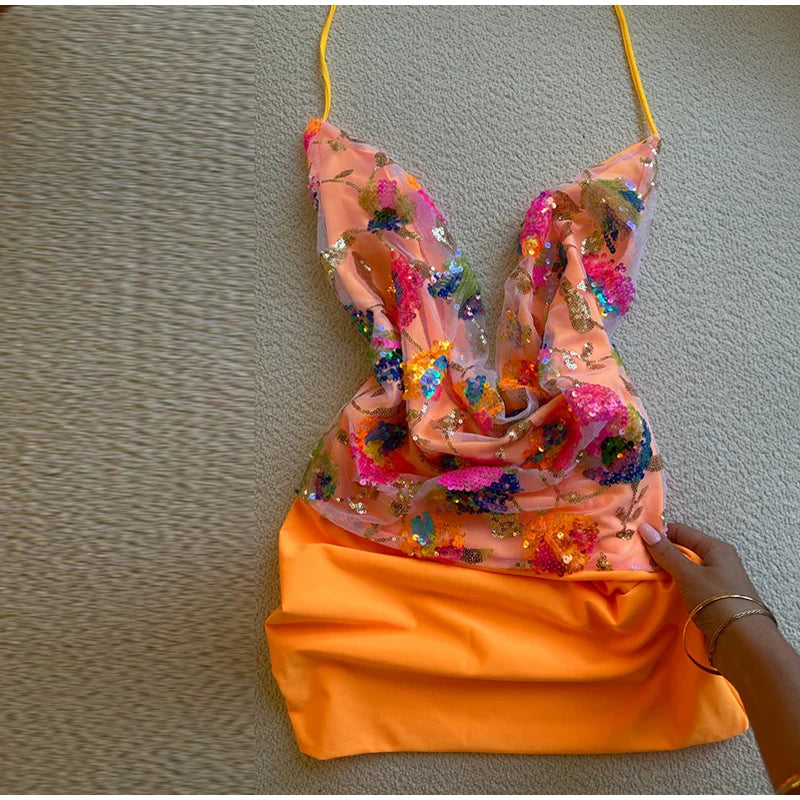 Colorful Sequin Halter Plunge-Neck Set Sleeveless Backless Vest Bodycon Mini Skirt 2025 Summer Party Chic Suit Sexy Lady Outfit