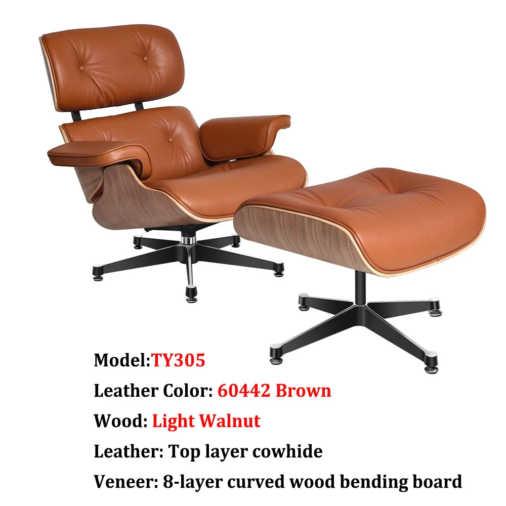 Top Layer Cowhide Classic Recliner Ottoman Light Rosewood Light   Walnut Armchair Swivel Lounge Chair Furniture Leisure Chair