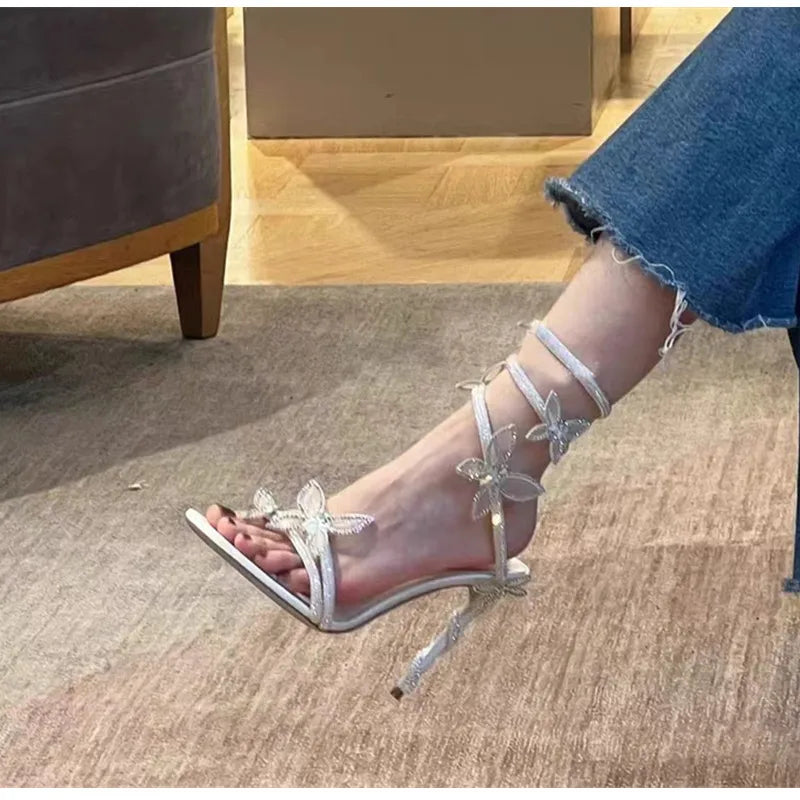Luxury Crystal Embellished Butterfly Detail Women Sandals Sexy Coiled Strap High heels Gladiator Sandals Summer Party prom Shoes, need a dress