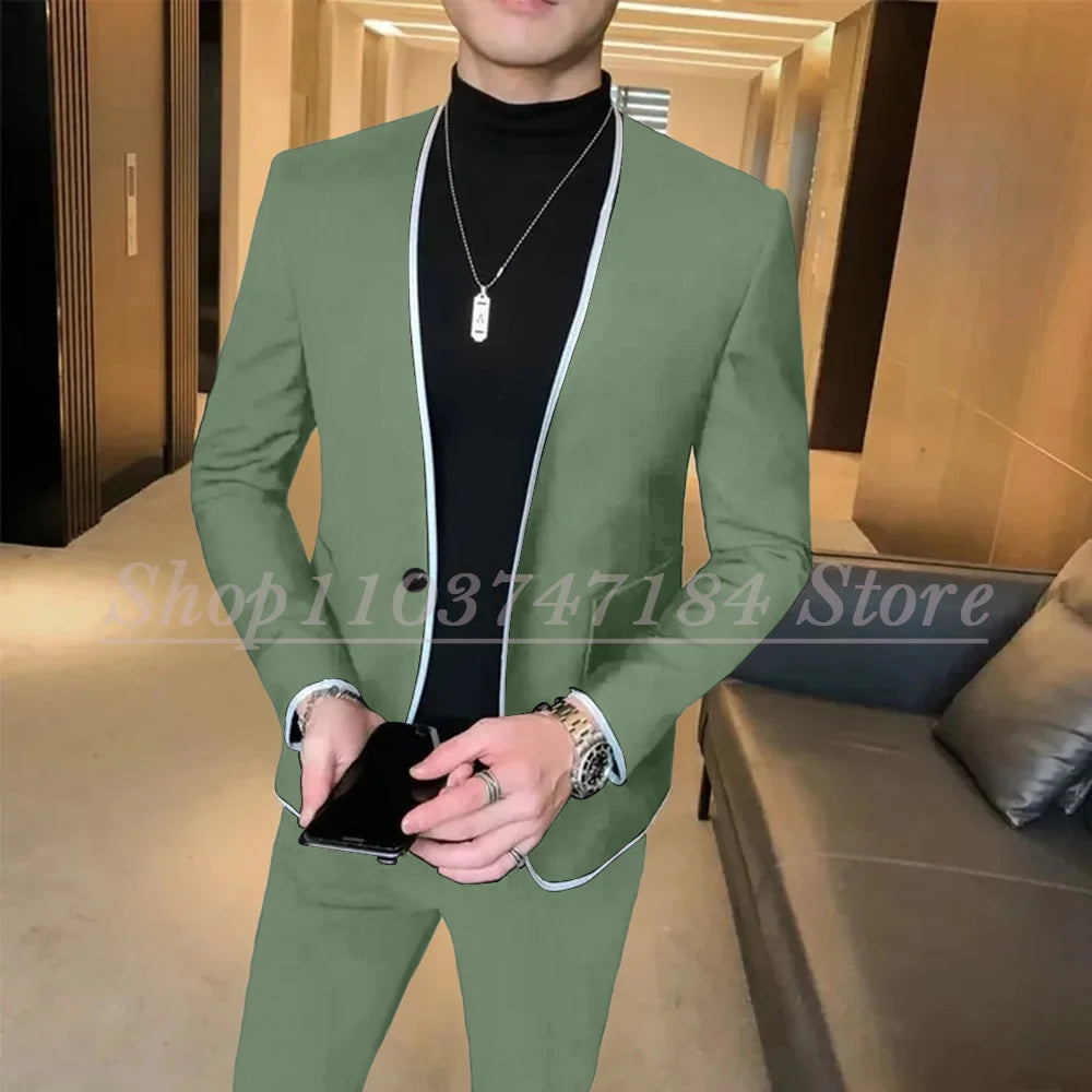 Elegant Black Gentlemen Men's Suits Slim Fit Casual Prom Party 2 Piece Jacket Pants Full Set Luxury Male Clothing Terno Blazer