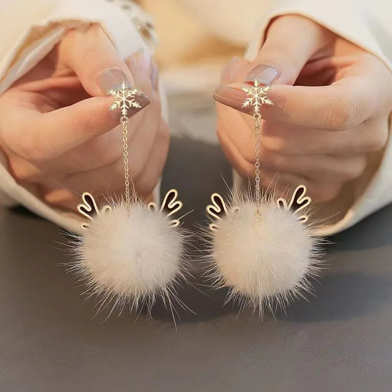 Cute Pompom Ball Bow Snowflake Elk Earrings Sweet Fashion Jewelry for Women and Girls New Year Gifts