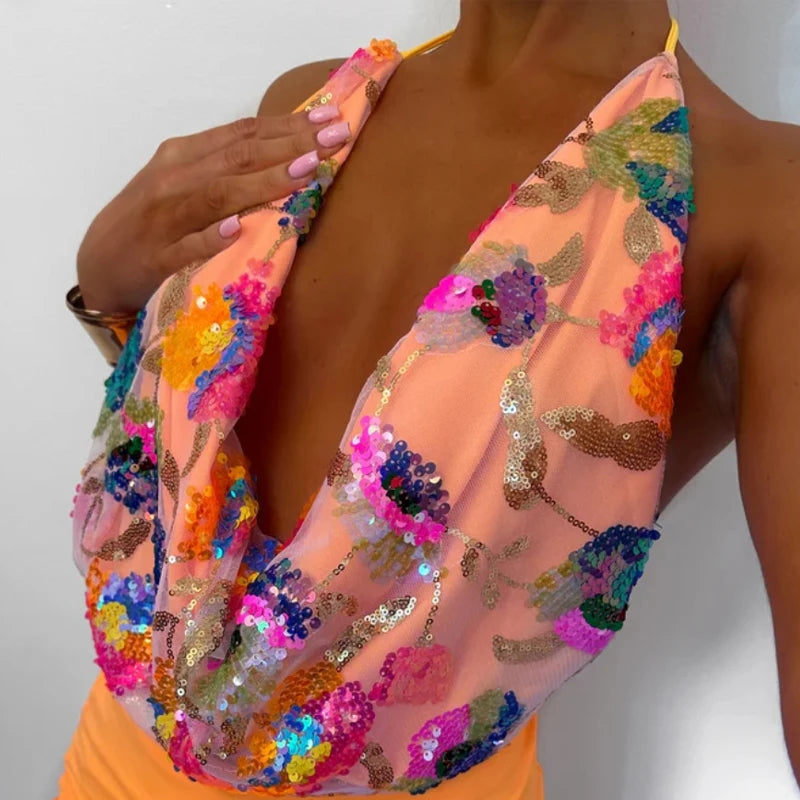 Colorful Sequin Halter Plunge-Neck Set Sleeveless Backless Vest Bodycon Mini Skirt 2025 Summer Party Chic Suit Sexy Lady Outfit