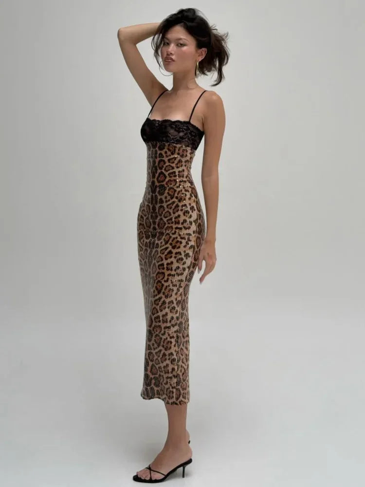 Women Sexy Leopard Print Sling Maxi Dress Chic Sequin Backless Lace Patchwork Slim Dresses Fashion New Lady Party Vacation Robes