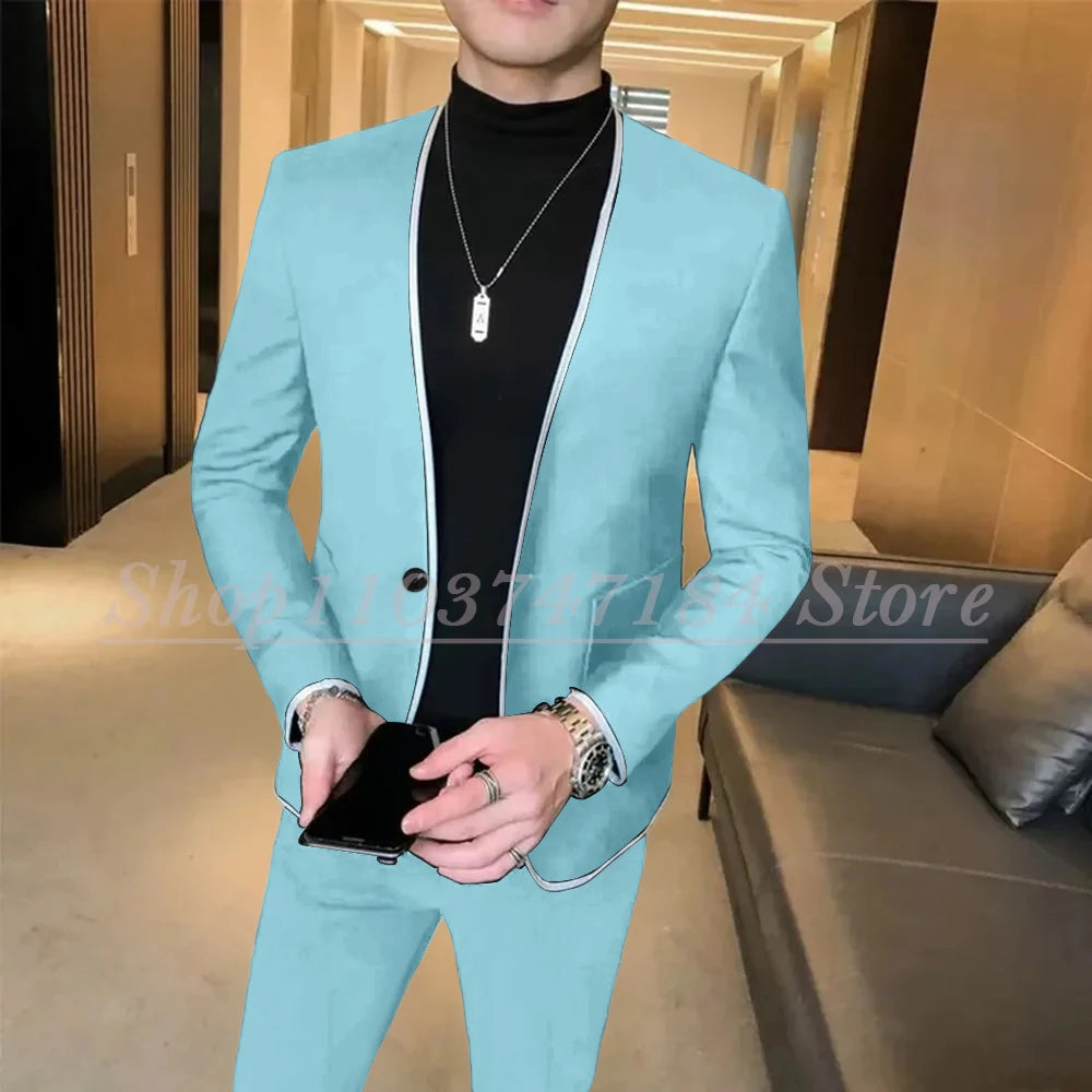 Elegant Black Gentlemen Men's Suits Slim Fit Casual Prom Party 2 Piece Jacket Pants Full Set Luxury Male Clothing Terno Blazer