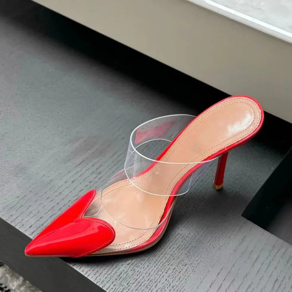Elegant Pointed Toe Transparent PVC Heart High Heels Mules Slipper Shoes Women 2025 Black White Red Shoes Luxury Designer Pumps