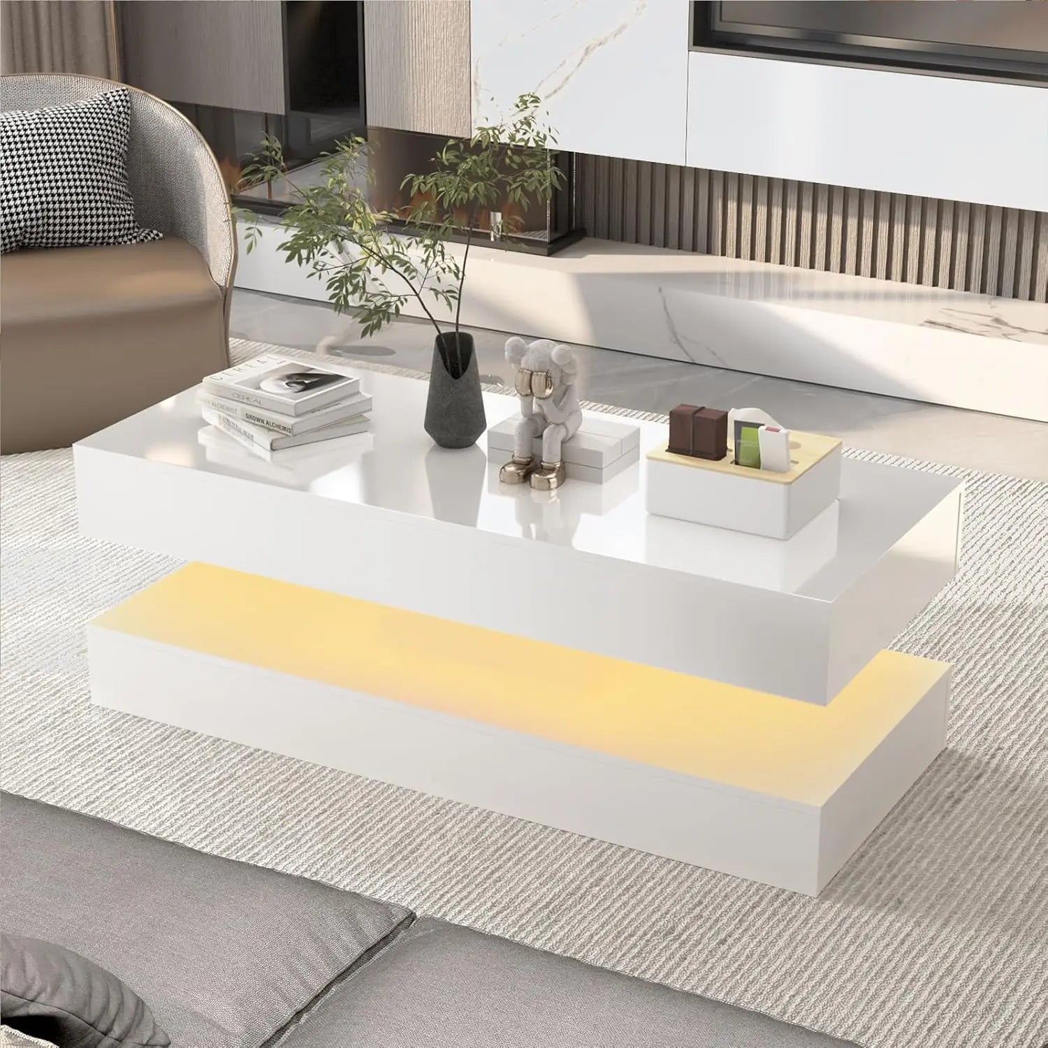 Modern Stylish Coffee Table with LED lights, Double-Layer Design for Living Room Coffee Table with 2 Storage Drawers