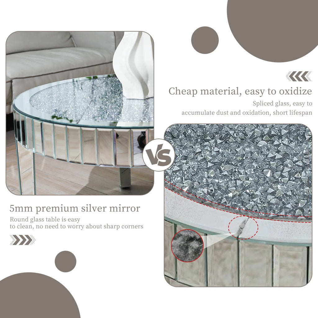 Luxury Round Silver Mirror Coffee Table Crystal Diamonds Inlay Accent Table Living Room Bedroom Modern Home Decor Furniture