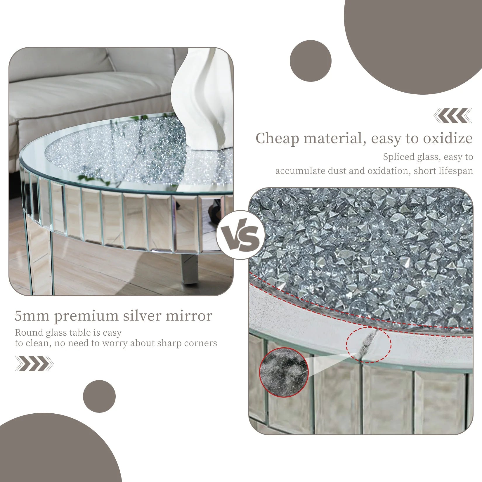 Luxury Round Silver Mirror Coffee Table Crystal Diamonds Inlay Accent Table Living Room Bedroom Modern Home Decor Furniture