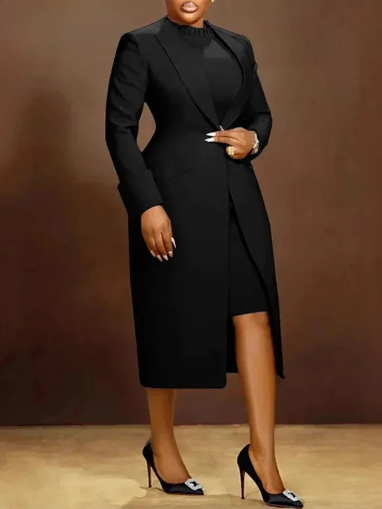 Women's Set Full Sleeve Long Blazer Coat+ Long Dress Suit  Winter Streetwear Two 2 Piece Set Africa OL Work Outfits