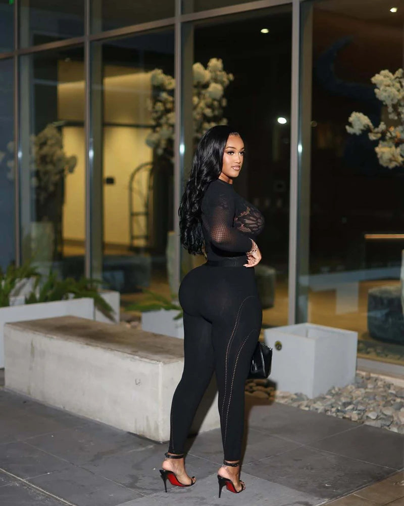 2026 Autumn Winter Hot Sale Women 2 Piece Set Hollow Out Mesh Long Sleeve Top Leggings Sets Female Streetwear Sexy Club Outfits