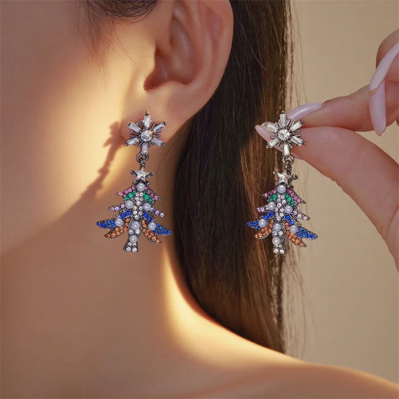 Christmas Rhinestone Bells Drop Earrings For Women Exquisite Imitation Pearl Xmas Tree Star Dangle Earring Party Holiday Jewelry