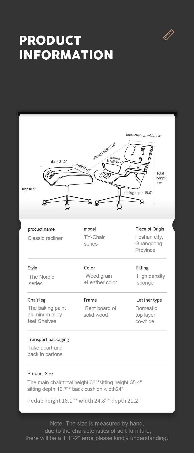 Top Layer Cowhide Classic Recliner Ottoman Light Rosewood Light   Walnut Armchair Swivel Lounge Chair Furniture Leisure Chair