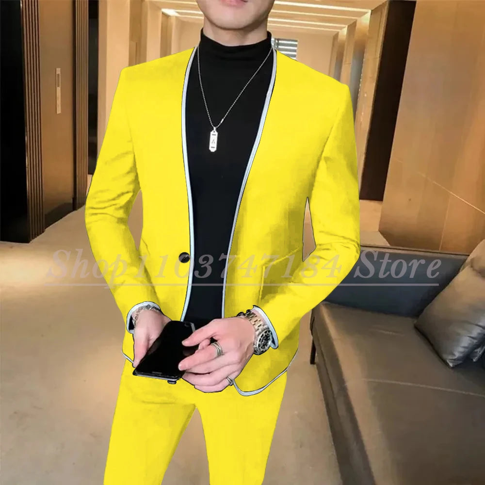 Elegant Black Gentlemen Men's Suits Slim Fit Casual Prom Party 2 Piece Jacket Pants Full Set Luxury Male Clothing Terno Blazer