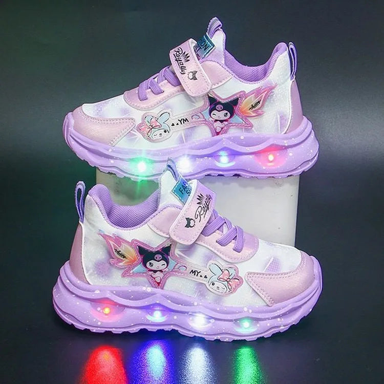 2025 New Light Up Girls Running Shoes Cartoon Leather Waterproof Breathable Anti Slip Trendy Kids Sneakers