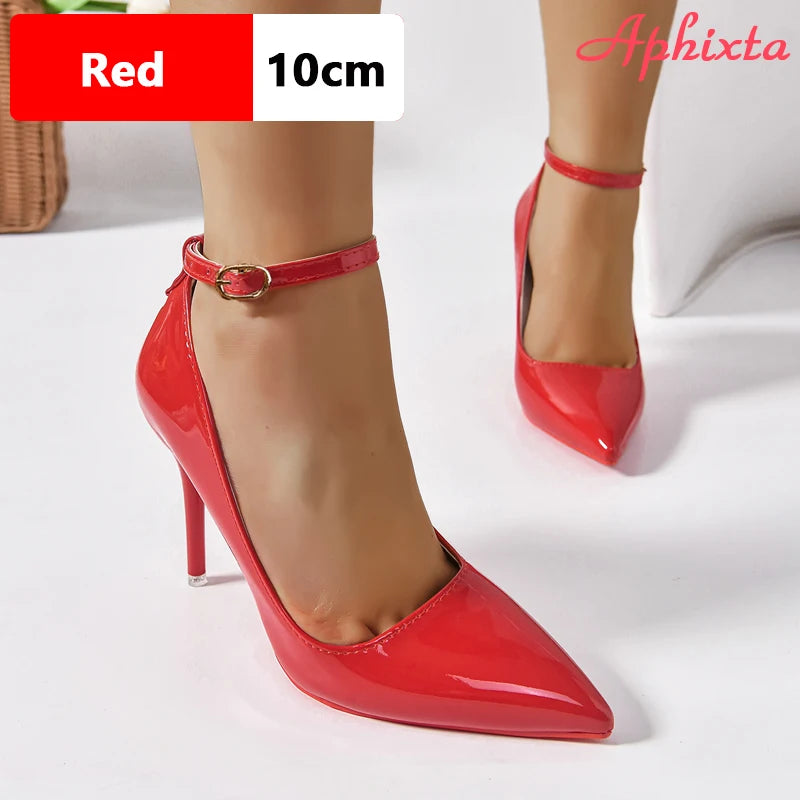 Aphixta Super Big Size 48 49 50 Belt Buckle Stiletto Heels Pumps Women Party Shoes 12cm/10cm Pimp Pointed Toe Metal Buckle
