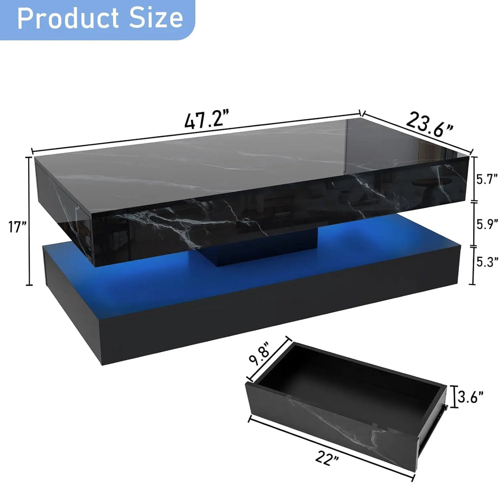 Modern Stylish Coffee Table with LED lights, Double-Layer Design for Living Room Coffee Table with 2 Storage Drawers